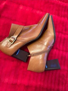 Enzo Angiolini Cognac Leather Ankle Booties with Buckle Strap